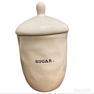 Rae Dunn sugar bowl with lid typewriter font dimpled